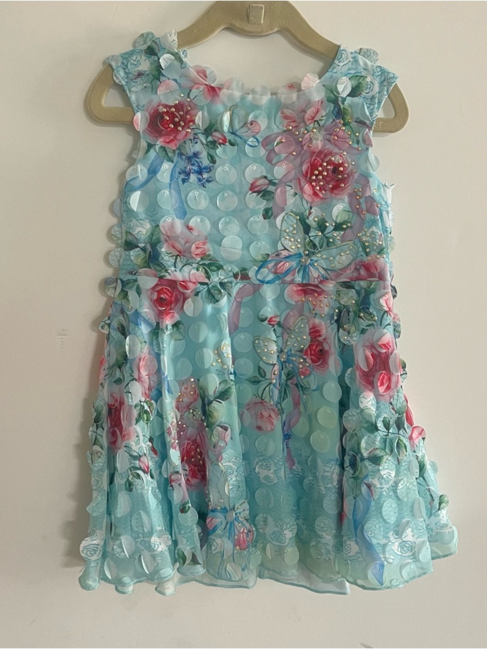 Hannah Banana Turquoise Floral Party Dress with Chiffon Cut Outs and Pink Roses